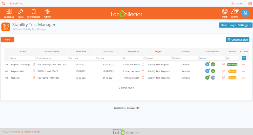 Stability test with LabCollector LIMS